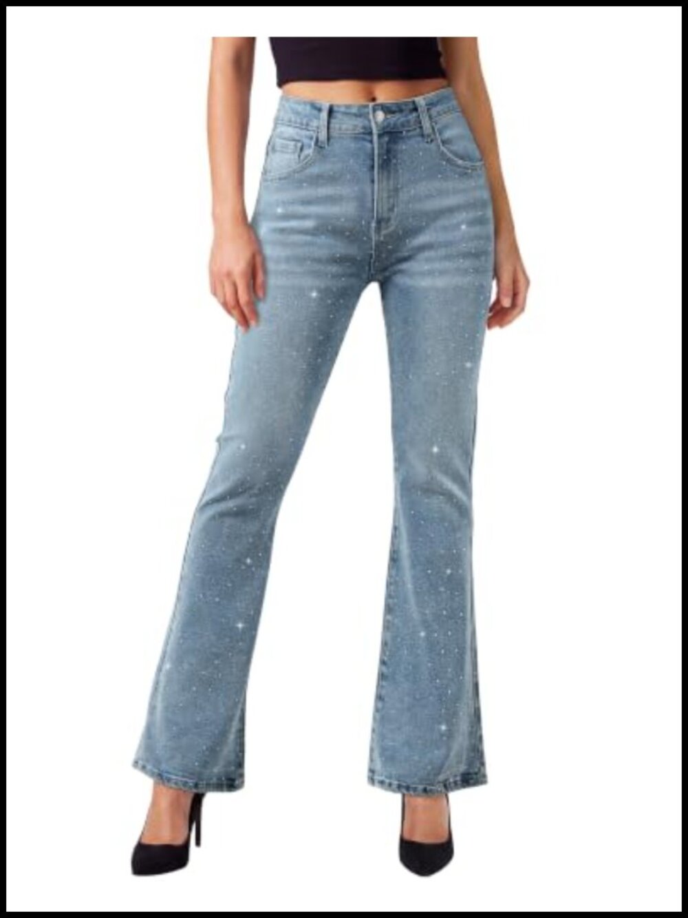 High Rise Flare Jeans Rhinestone Stretchy Denim Patch Pockets Women's